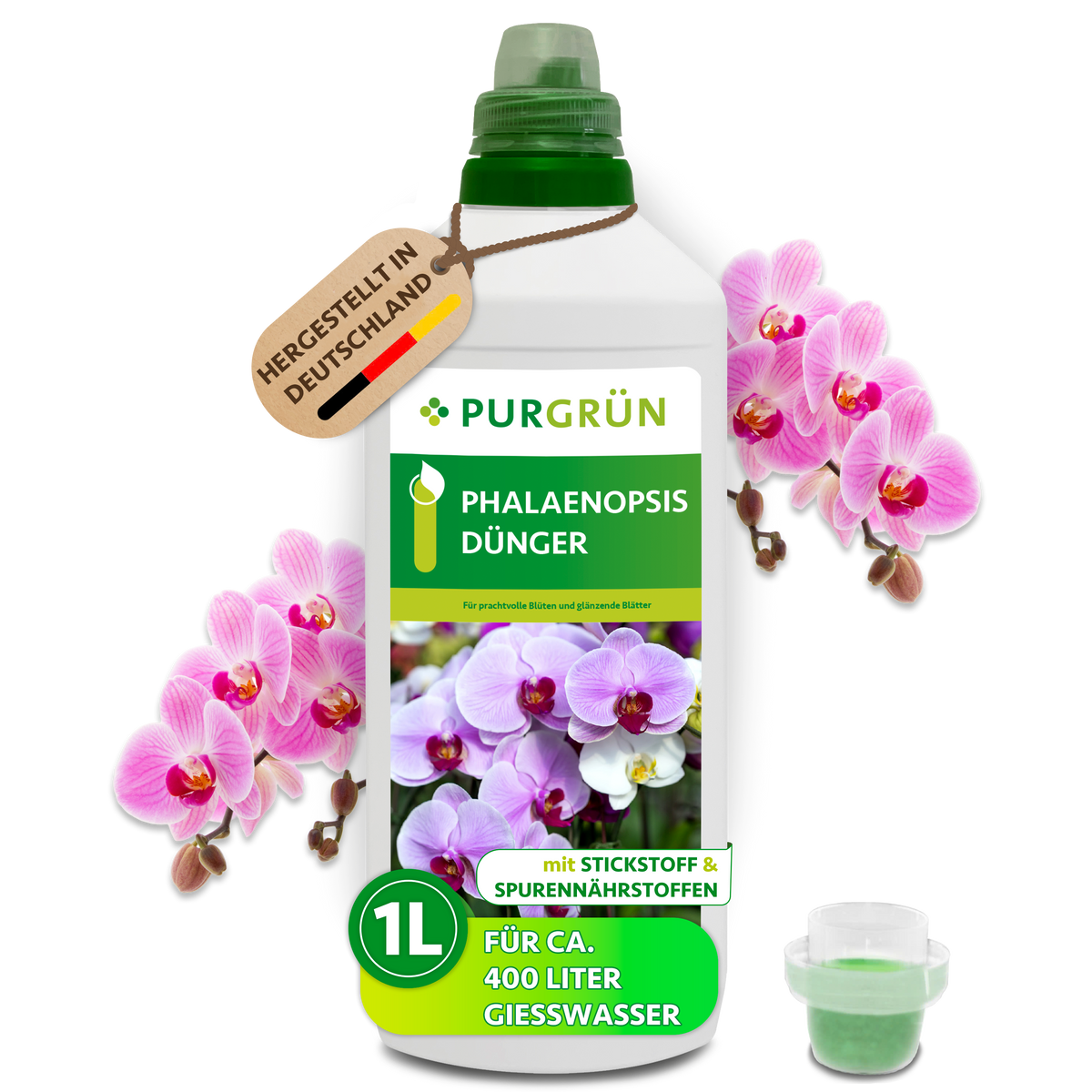 Purgrün Phalaenopsis-Dünger in der 1-Liter-Flasche mit Dosierkappe und rosa Orchideen; ausreichend für ca. 400 Liter Gießwasser.
