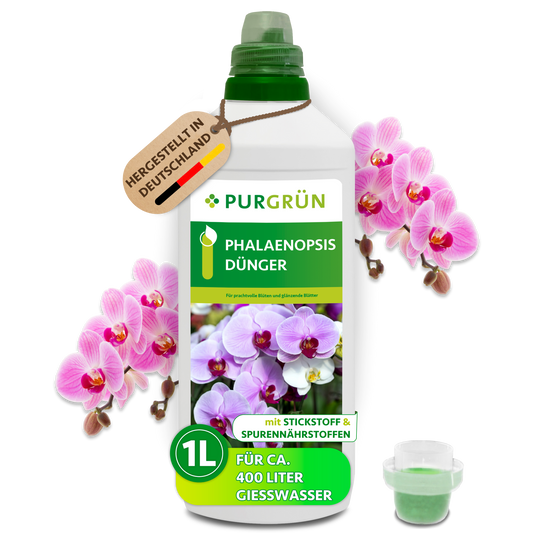 Purgrün Phalaenopsis-Dünger in der 1-Liter-Flasche mit Dosierkappe und rosa Orchideen; ausreichend für ca. 400 Liter Gießwasser.