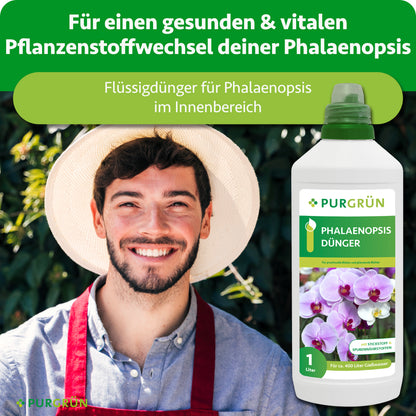Flüssigdünger für Phalaenopsis im Innenbereich, dargestellt neben einem lächelnden Gärtner; für einen gesunden und vitalen Pflanzenstoffwechsel.