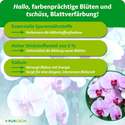 Spurennährstoffe verbessern die Nährstoffaufnahme, 5 % Stickstoff unterstützen neue Blätter und Kalium fördert eine längere, intensivere Blüte.