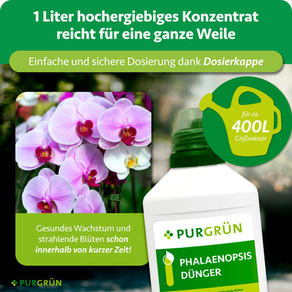1 Liter hochergiebiges Konzentrat reicht dank Dosierkappe für ca. 400 Liter Gießwasser.