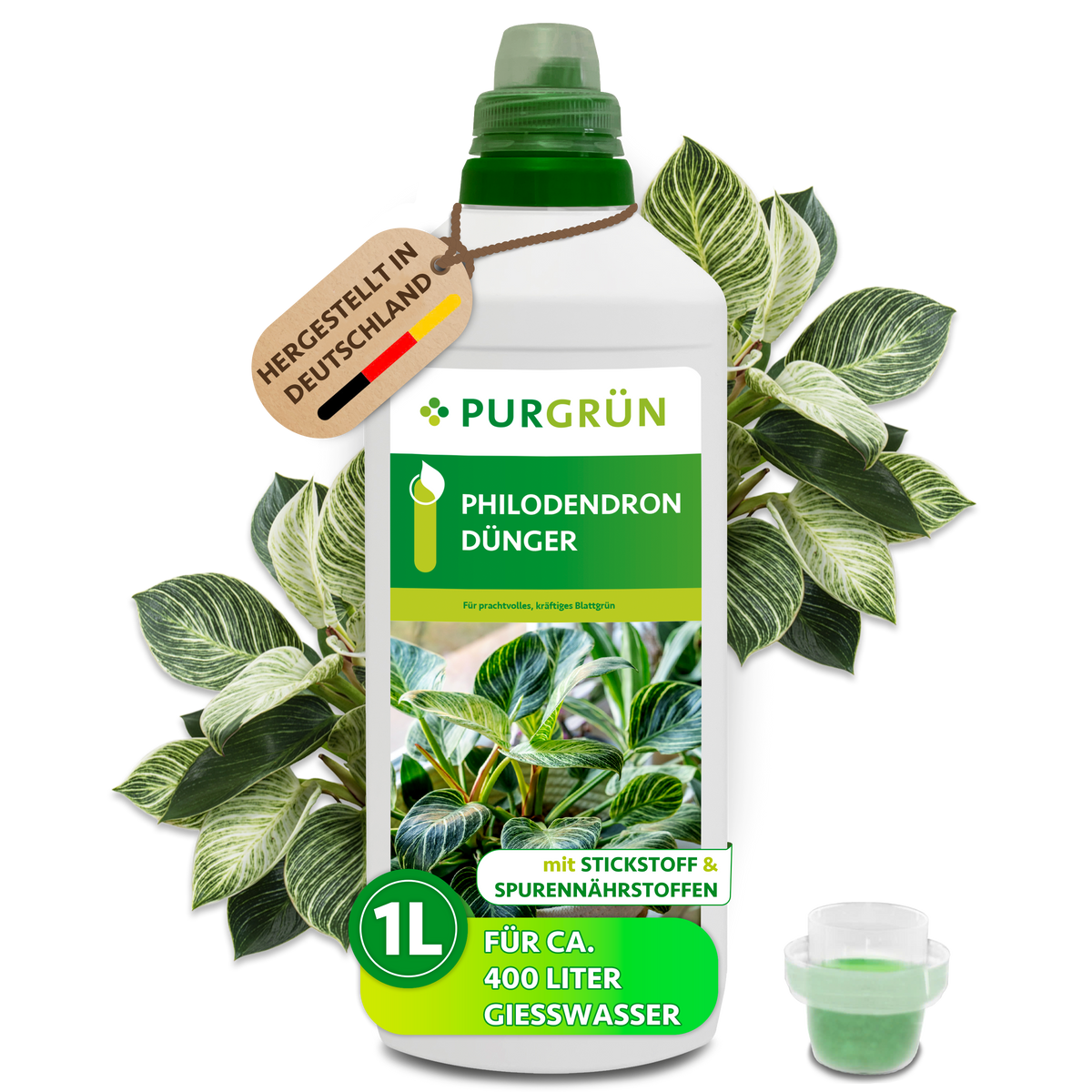 Purgrün Philodendron-Dünger in der 1-Liter-Flasche mit Dosierkappe und Hinweis „für ca. 400 Liter Gießwasser“.