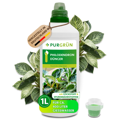 Purgrün Philodendron-Dünger in der 1-Liter-Flasche mit Dosierkappe und Hinweis „für ca. 400 Liter Gießwasser“.