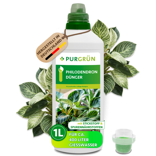 Purgrün Philodendron-Dünger in der 1-Liter-Flasche mit Dosierkappe und Hinweis „für ca. 400 Liter Gießwasser“.