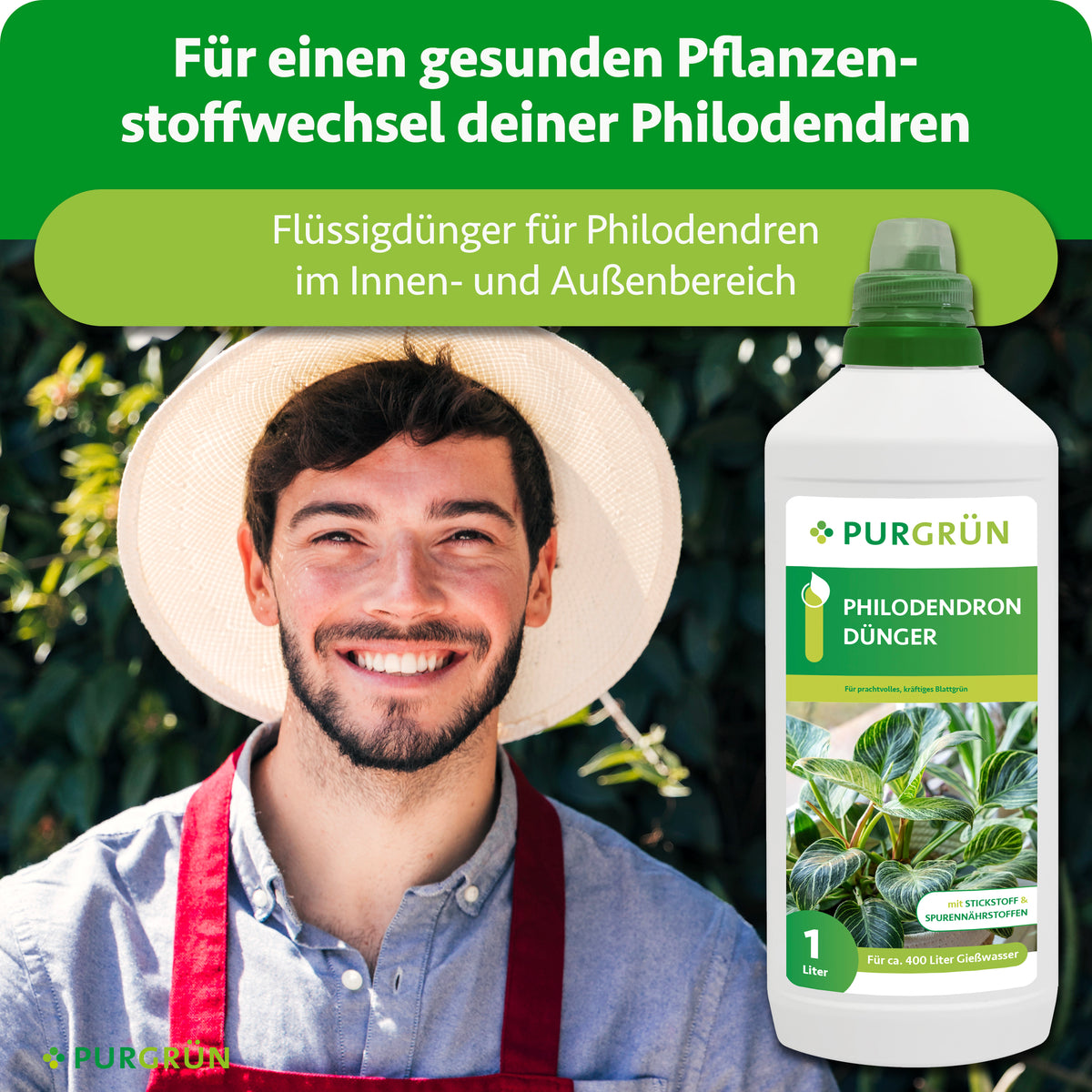 Flüssigdünger für Philodendren im Innen- und Außenbereich, dargestellt neben einem lächelnden Gärtner.
