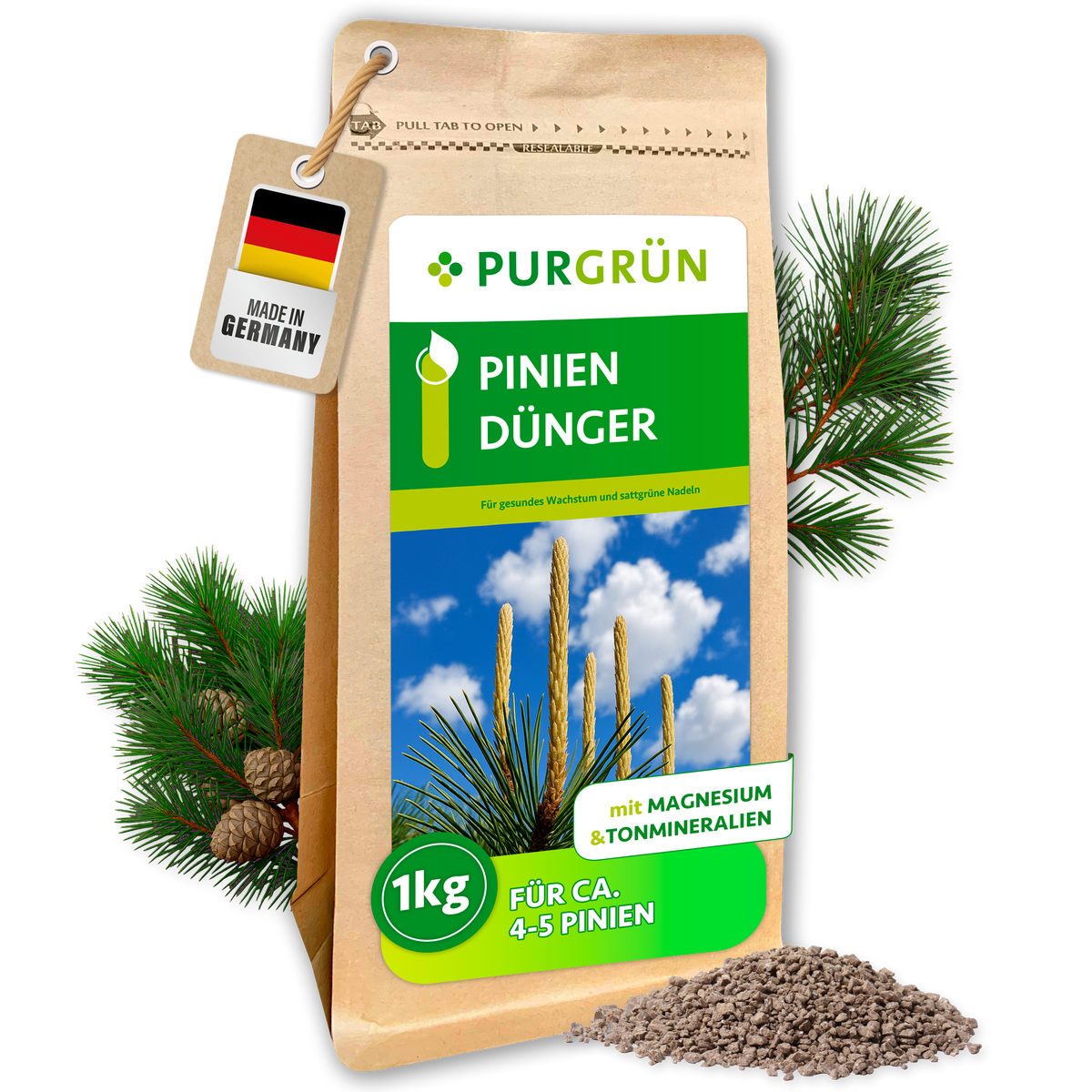 Purgrün Pinien-Dünger im 1-kg-Beutel mit Krümelgranulat, Magnesium und Tonmineralien; ausreichend für ca. 4–5 Pinien.