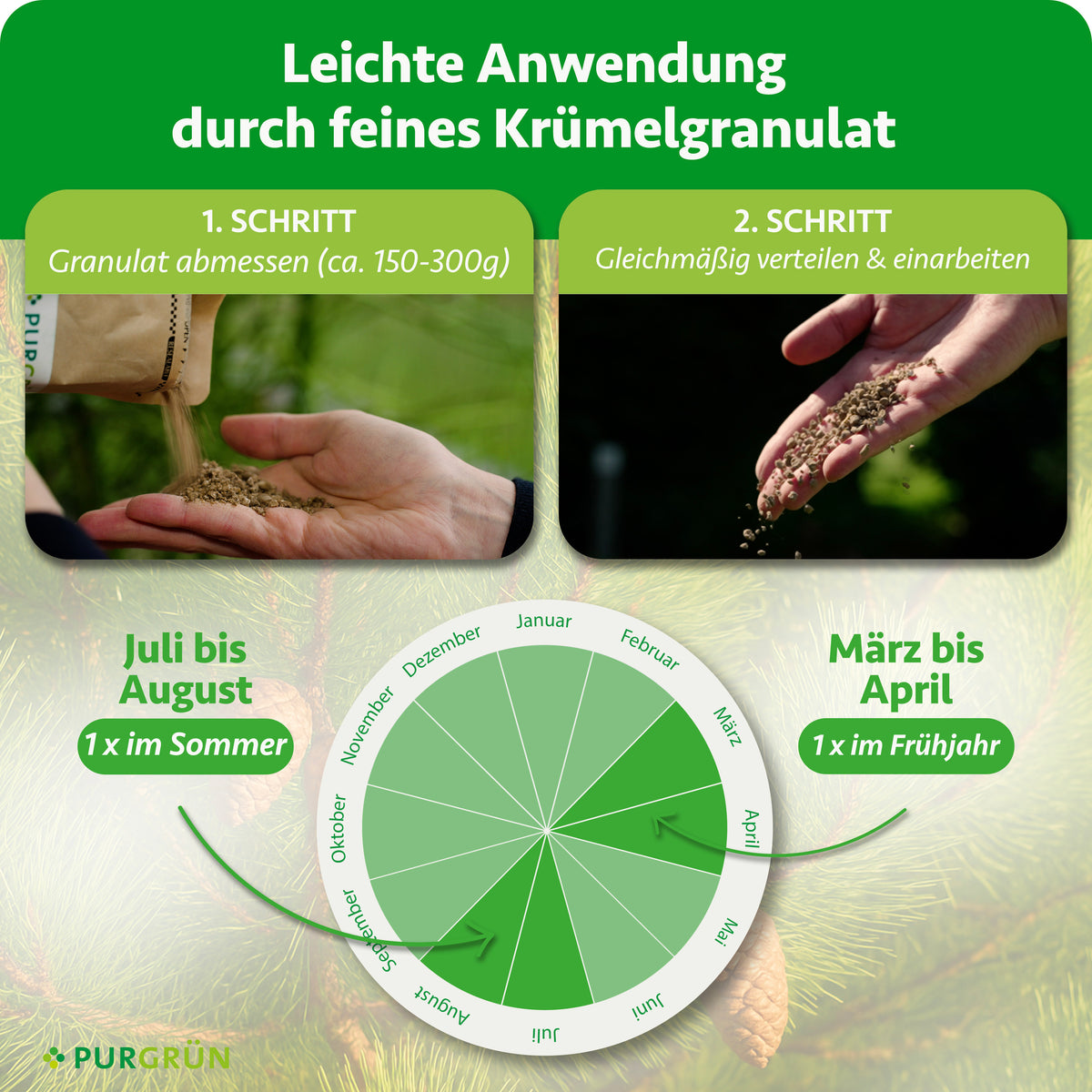 Anwendung: ca. 150–300 g Granulat abmessen, gleichmäßig verteilen und einarbeiten. Einmal von März bis April und einmal von Juli bis August düngen.
