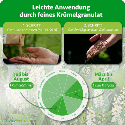 Anwendung: ca. 30–50 g Granulat abmessen, gleichmäßig verteilen und einarbeiten; einmal im März bis April und einmal im Juli bis August düngen.