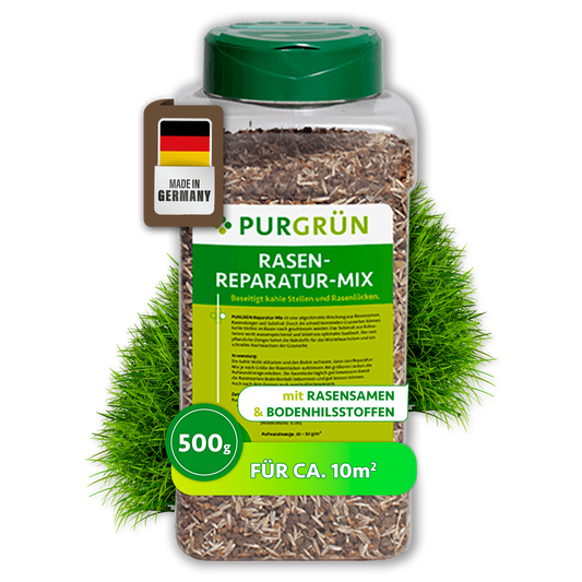 Purgrün Rasen-Reparatur-Mix, 500 g, in transparenter Streudose mit grünem Deckel; mit Rasensamen und Bodenhilfsstoffen für ca. 10 m².
