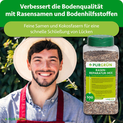 Rasensamen, Bodenhilfsstoffe und Kokosfasern sollen die Bodenqualität verbessern und Rasenlücken schnell schließen.
