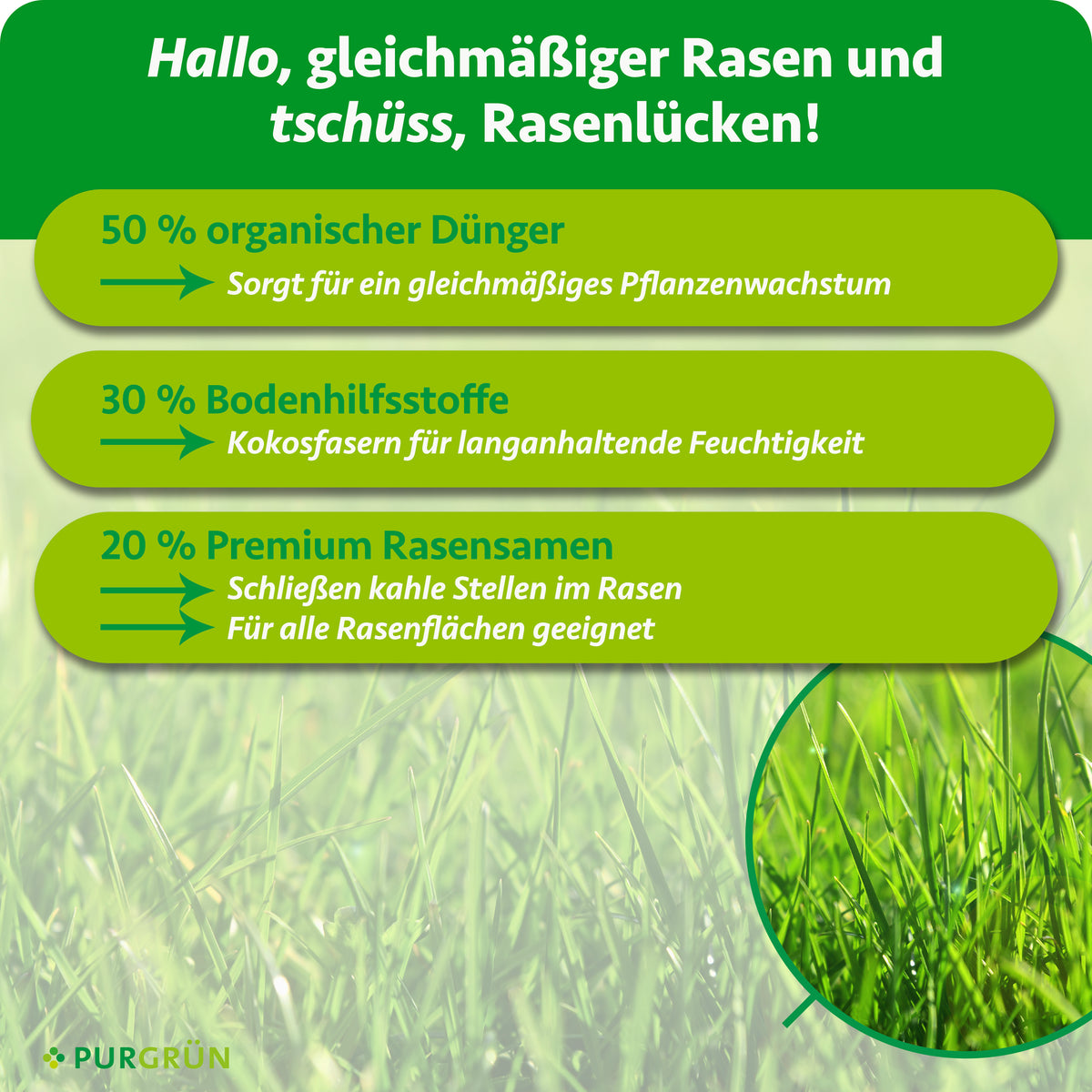 Zusammensetzung: 50 % organischer Dünger, 30 % Bodenhilfsstoffe mit Kokosfasern und 20 % Premium-Rasensamen zum Schließen kahler Stellen.