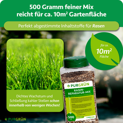 500 g des feinen Mixes reichen für ca. 10 m² Gartenfläche; kahle Stellen sollen sich innerhalb weniger Wochen schließen.