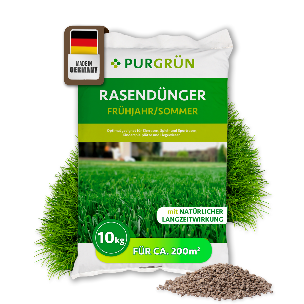 Purgrün Rasendünger Frühjahr/Sommer, 10 kg für ca. 200 m², mit natürlicher Langzeitwirkung.