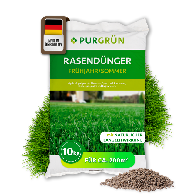 Purgrün Rasendünger Frühjahr/Sommer, 10 kg für ca. 200 m², mit Langzeitwirkung.