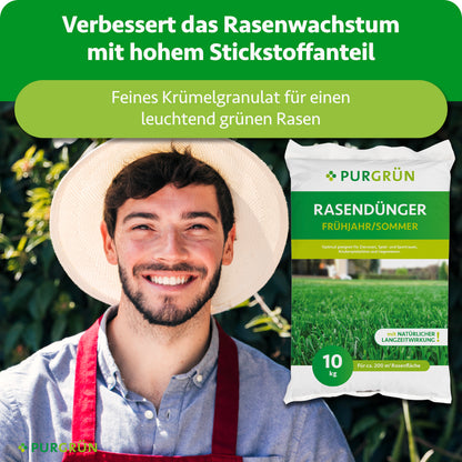 Purgrün Rasendünger mit hohem Stickstoffanteil und feinem Krümelgranulat für verbessertes Rasenwachstum und leuchtendes Grün.