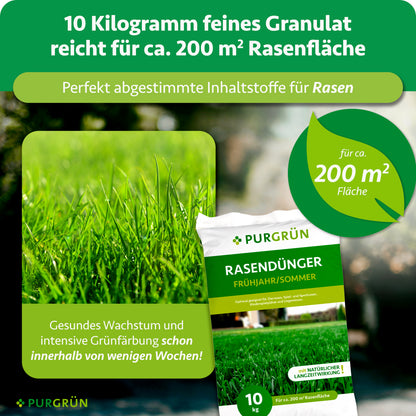 10 kg feines Granulat reichen für ca. 200 m² Rasenfläche und fördern gesundes Wachstum sowie intensive Grünfärbung innerhalb weniger Wochen.