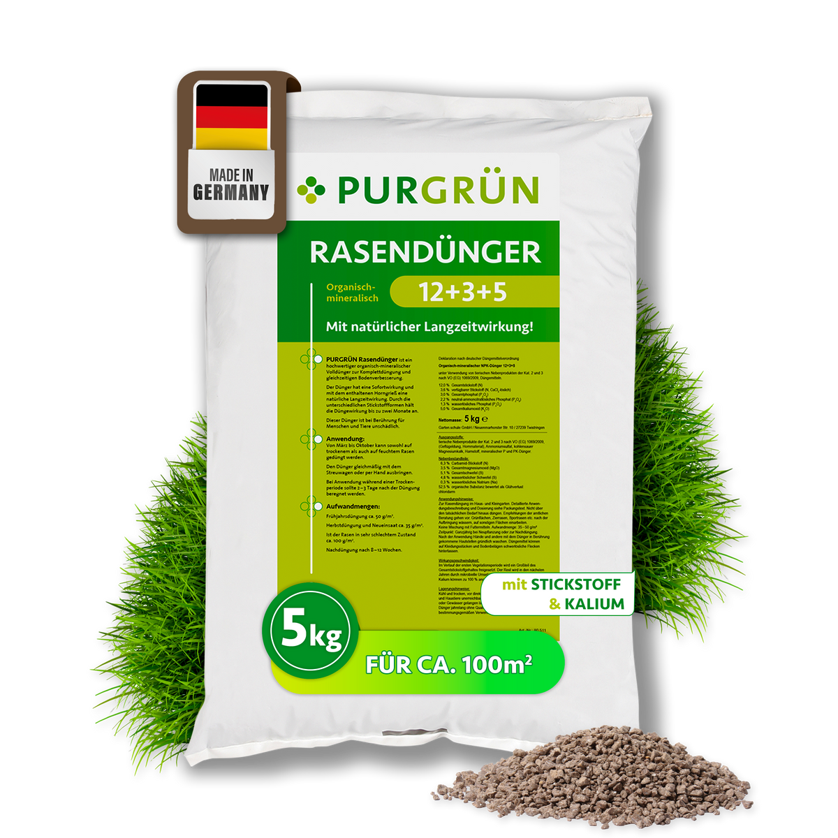 Purgrün Rasendünger im 5-kg-Sack, organisch-mineralisch mit NPK 12+3+5 und ausreichend für ca. 100 m².