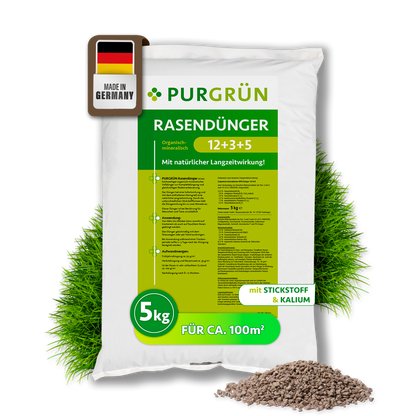 Purgrün Rasendünger im 5-kg-Sack, organisch-mineralisch mit NPK 12+3+5 und ausreichend für ca. 100 m².