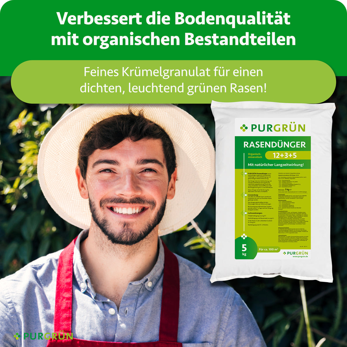 Feines Krümelgranulat mit organischen Bestandteilen soll die Bodenqualität verbessern und einen dichten, leuchtend grünen Rasen fördern.