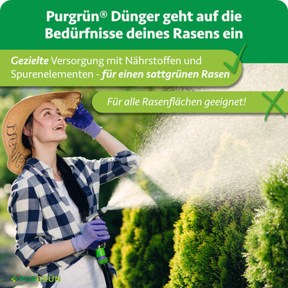 Purgrün Rasendünger versorgt alle Rasenflächen gezielt mit Nährstoffen und Spurenelementen; eine Gärtnerin bewässert den Rasen.