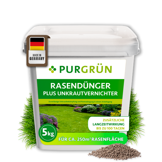 Purgrün Rasendünger mit Unkrautvernichter im 5-kg-Eimer, mit feinem Granulat und Langzeitwirkung bis zu 100 Tagen.