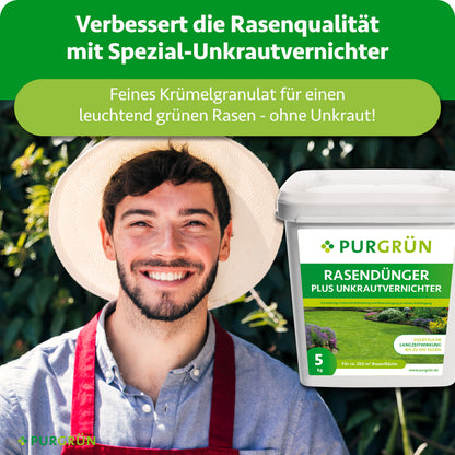 Lächelnder Gärtner neben dem Dünger; feines Krümelgranulat für einen leuchtend grünen Rasen ohne Unkraut.