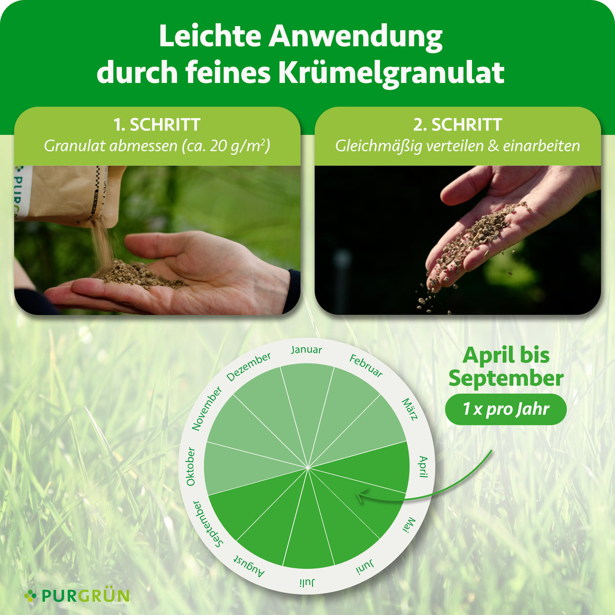 Anwendung: ca. 20 g/m² Granulat abmessen, gleichmäßig verteilen und einarbeiten. Einmal pro Jahr von April bis September anwenden.