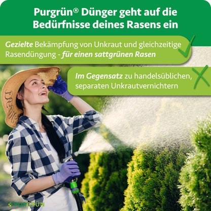 Purgrün Dünger kombiniert gezielte Unkrautbekämpfung und Rasendüngung für einen sattgrünen Rasen, im Gegensatz zu handelsüblichen separaten Unkrautvernichtern.