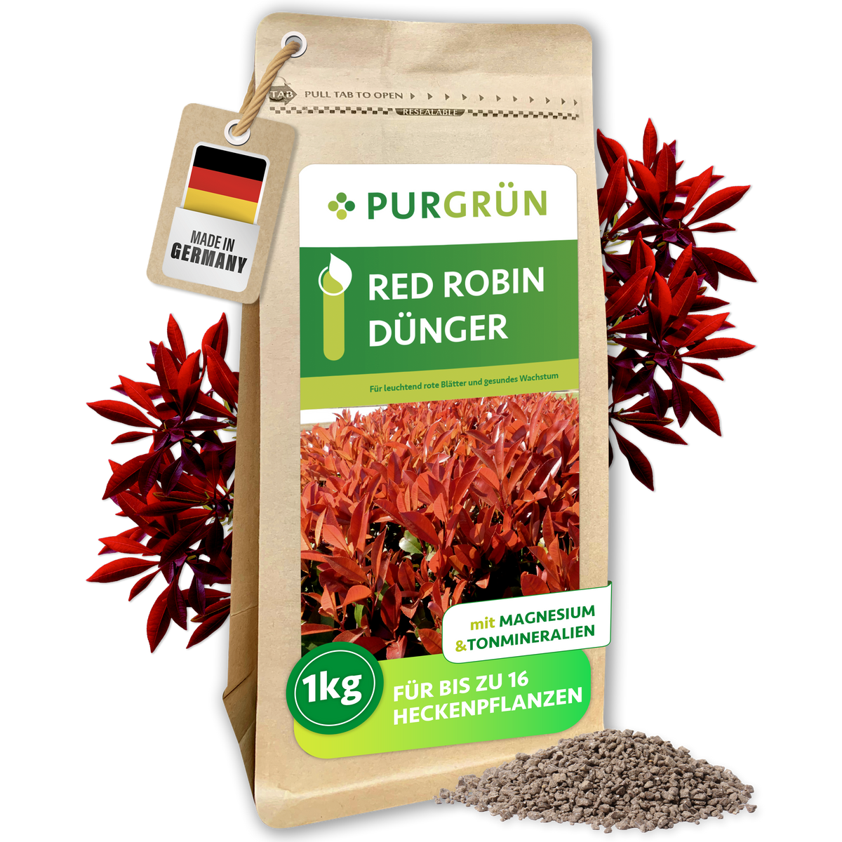 Packung Purgrün Red-Robin-Dünger, 1 kg, mit Granulat und roten Glanzmispelblättern sowie „Made in Germany“-Anhänger.