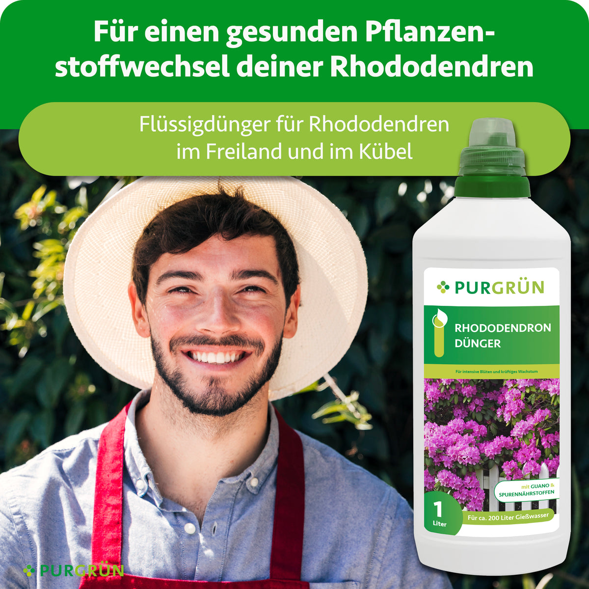 Flüssigdünger für Rhododendren im Freiland und im Kübel, dargestellt neben einem lächelnden Gärtner.