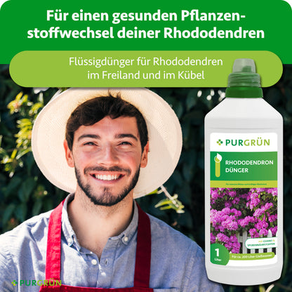 Flüssigdünger für Rhododendren im Freiland und im Kübel, dargestellt neben einem lächelnden Gärtner.