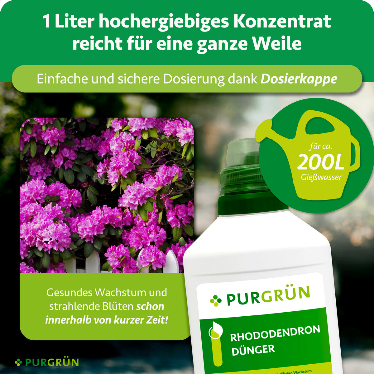 Ein Liter Konzentrat reicht für ca. 200 Liter Gießwasser; die Dosierkappe ermöglicht eine einfache und sichere Dosierung.