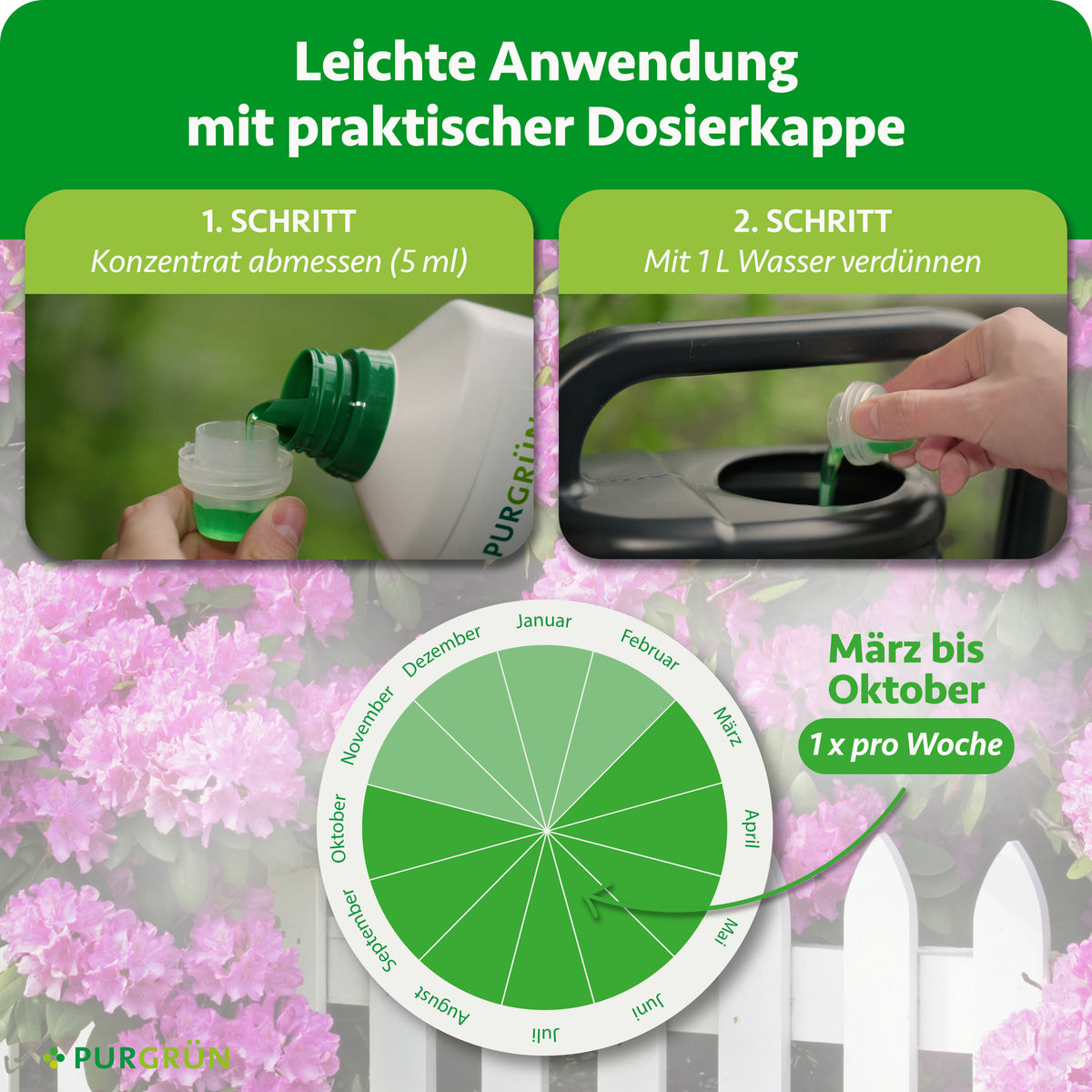 Anwendung: 5 ml Konzentrat abmessen und mit 1 Liter Wasser verdünnen. Von März bis Oktober einmal pro Woche düngen.