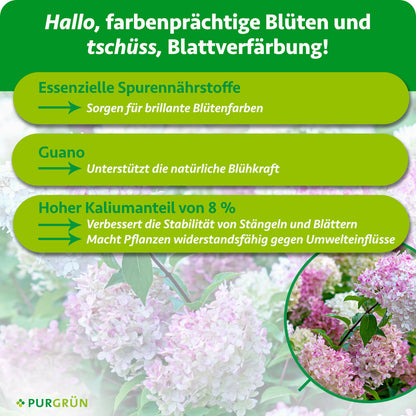 Essenzielle Spurennährstoffe sorgen für brillante Blütenfarben, Guano unterstützt die natürliche Blühkraft. 8 % Kalium verbessern die Stabilität und Widerstandsfähigkeit der Pflanze.
