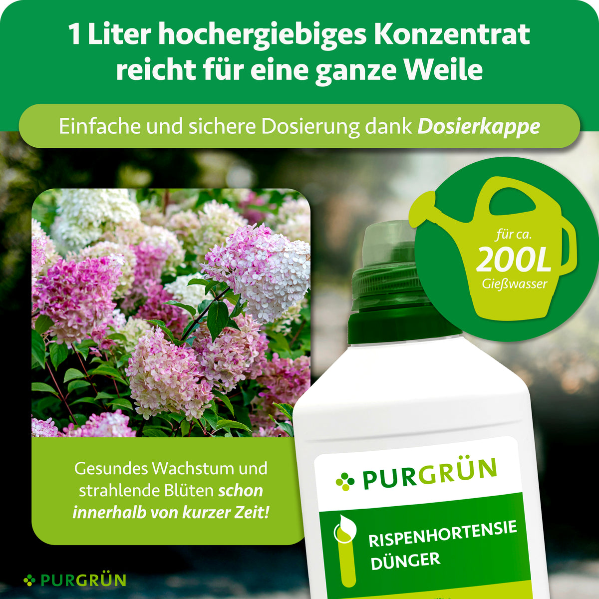 Ein Liter hochergiebiges Konzentrat mit Dosierkappe reicht für ca. 200 Liter Gießwasser.