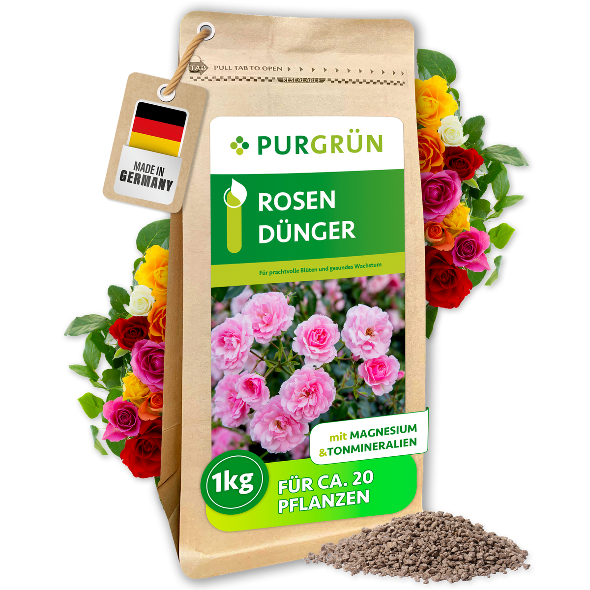 1-kg-Beutel Purgrün Rosendünger für ca. 20 Pflanzen, mit Magnesium und Tonmineralien, umgeben von Rosen und feinem Granulat.