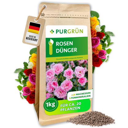 1-kg-Beutel Purgrün Rosendünger für ca. 20 Pflanzen, mit Magnesium und Tonmineralien, umgeben von Rosen und feinem Granulat.