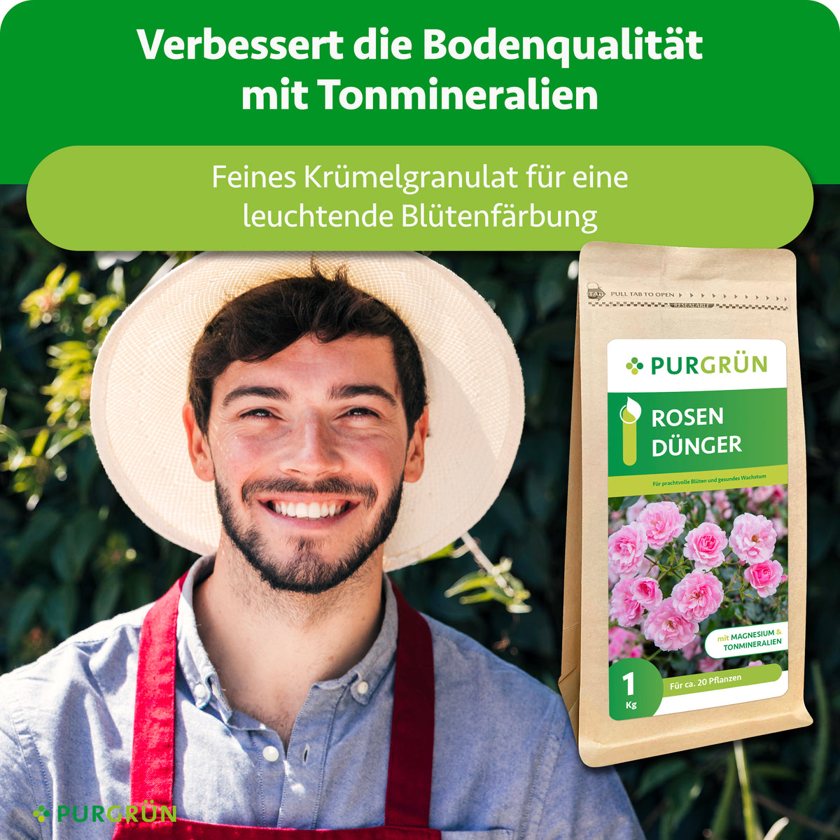 Purgrün Rosendünger verbessert laut Darstellung mit Tonmineralien die Bodenqualität; feines Krümelgranulat sorgt für eine leuchtende Blütenfärbung.