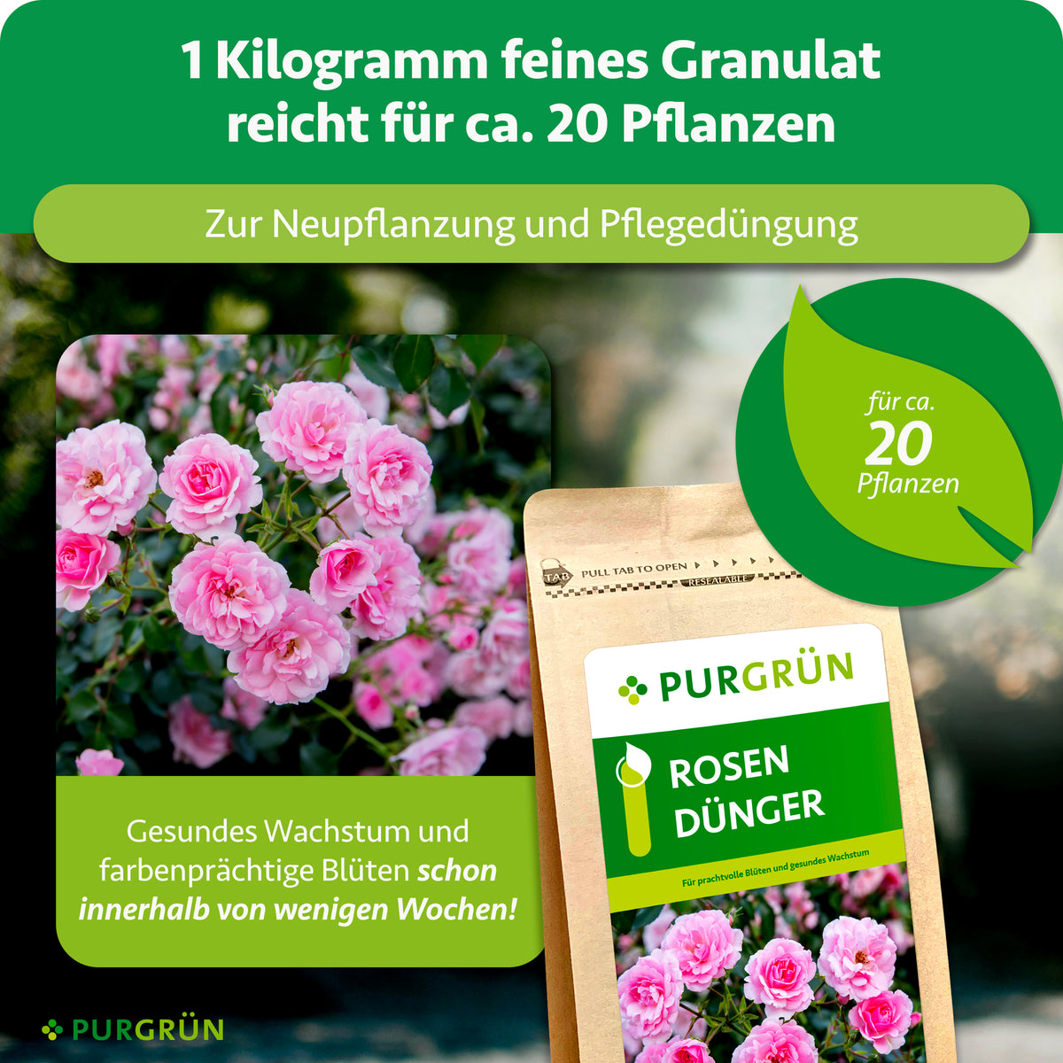 1 kg feines Granulat reicht für ca. 20 Pflanzen und eignet sich zur Neupflanzung und Pflegedüngung; gesundes Wachstum und farbenprächtige Blüten werden innerhalb weniger Wochen angekündigt.
