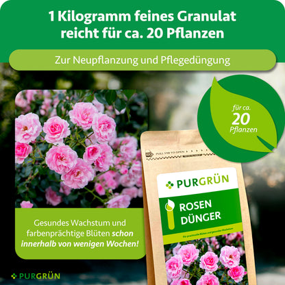 1 kg feines Granulat reicht für ca. 20 Pflanzen und eignet sich zur Neupflanzung und Pflegedüngung; gesundes Wachstum und farbenprächtige Blüten werden innerhalb weniger Wochen angekündigt.