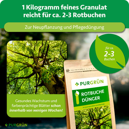 1 kg feines Granulat reicht für ca. 2–3 Rotbuchen und eignet sich zur Neupflanzung und Pflegedüngung.