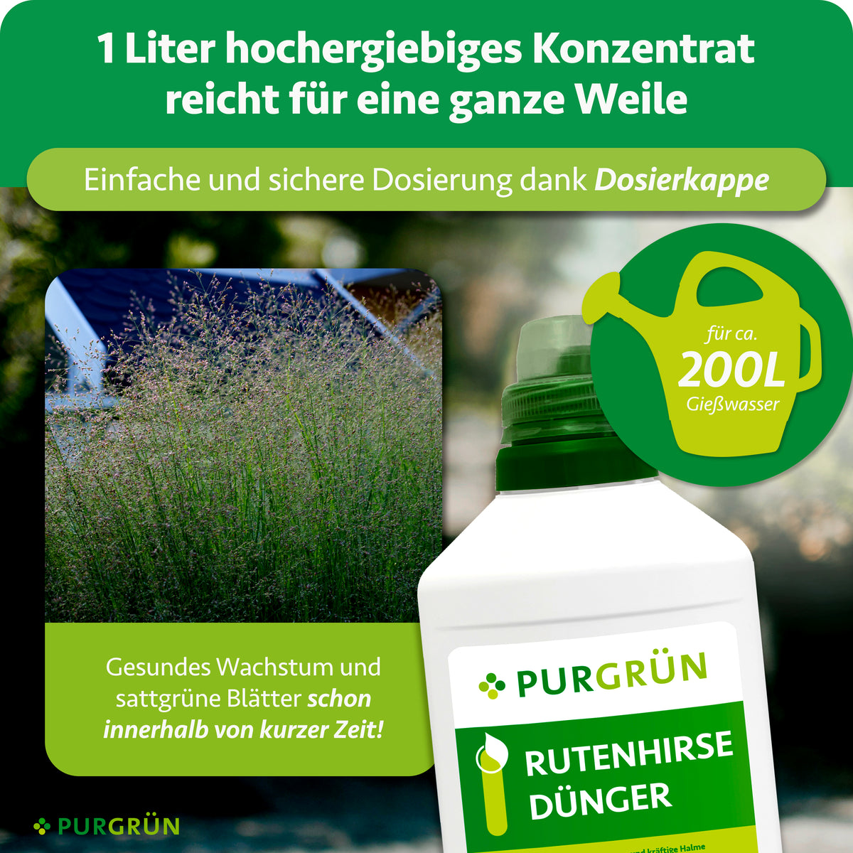 Ein Liter Rutenhirse-Dünger-Konzentrat reicht für ca. 200 Liter Gießwasser und lässt sich mit der Dosierkappe abmessen.