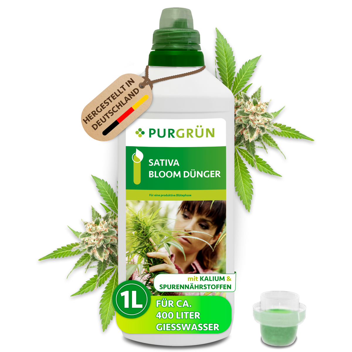 Purgrün Sativa-Bloom-Dünger in der 1-Liter-Flasche mit Dosierkappe, ausreichend für ca. 400 Liter Gießwasser.