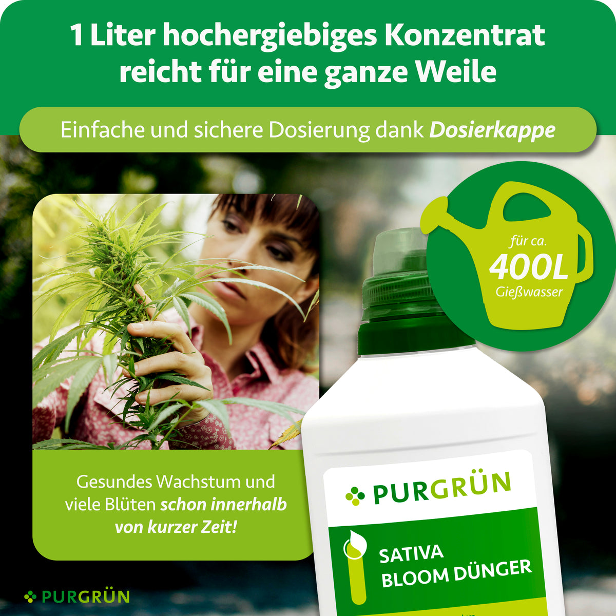 Ein Liter hochergiebiges Konzentrat mit Dosierkappe reicht für ca. 400 Liter Gießwasser.