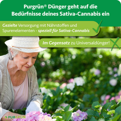 Purgrün-Dünger versorgt Sativa-Cannabis gezielt mit Nährstoffen und Spurenelementen – im Gegensatz zu Universaldünger.