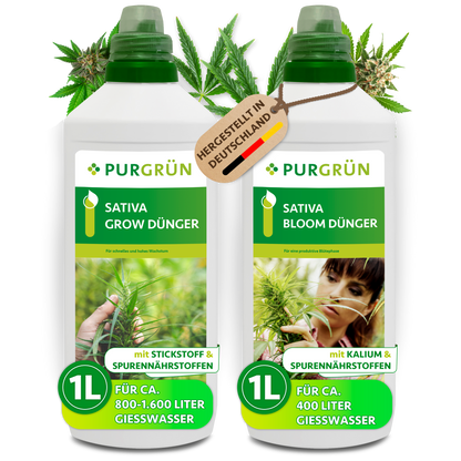 Sativa-Dünger-Set mit je 1 Liter Grow- und Bloom-Dünger in weißen Flaschen mit Dosierkappen.