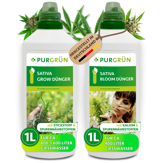 Sativa-Dünger-Set mit je 1 Liter Grow- und Bloom-Dünger in weißen Flaschen mit Dosierkappen.