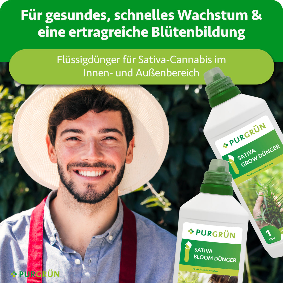 Grow- und Bloom-Flüssigdünger für Sativa-Cannabis im Innen- und Außenbereich, beworben für schnelles Wachstum und ertragreiche Blütenbildung.