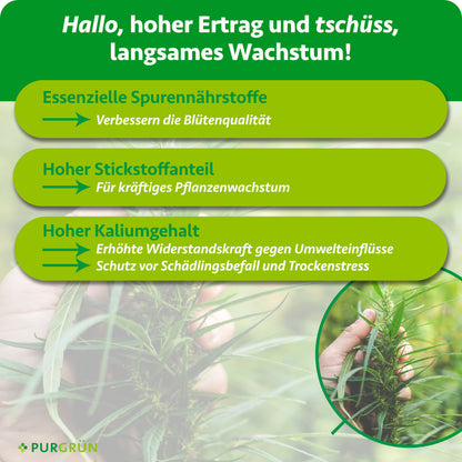 Essenzielle Spurennährstoffe sollen die Blütenqualität verbessern, Stickstoff das Wachstum fördern und Kalium die Widerstandskraft gegen Umwelteinflüsse, Schädlingsbefall und Trockenstress erhöhen.