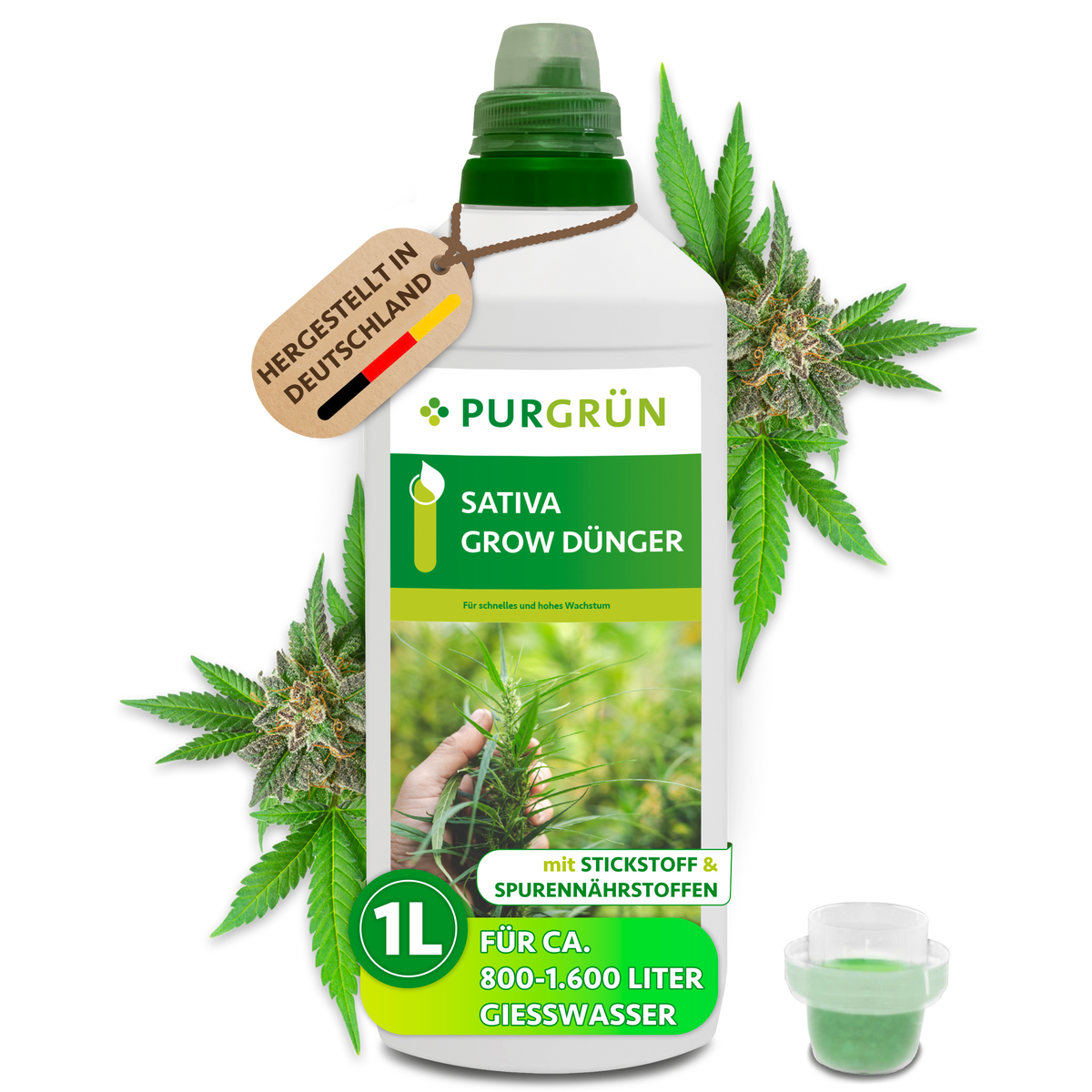 Purgrün Sativa-Grow-Dünger in der 1-Liter-Flasche mit Dosierkappe, Cannabisblättern und Anhänger „Hergestellt in Deutschland“.